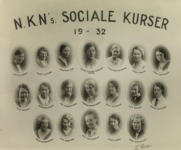 Et gammelt gruppeportrett med navngitte deltakere fra N.K.N.s sosiale kurs 1932, der personene er presentert i ovale portrettbilder på en plansje.