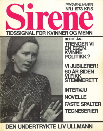 Forside av tidsskriftet Sirene fra 1973 med artikler om kvinnepolitikk og stemmerett.