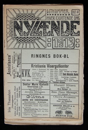 Forside av tidsskriftet «Nylende» fra 1913, med annonser for blant annet Ringnes bok-øl, Kristiania Visegutkontor og ulike forretninger og tjenester.