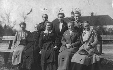 Gruppeportrett av sju kvinner som sitter og står på en benk utendørs i et historisk svart-hvitt fotografi.