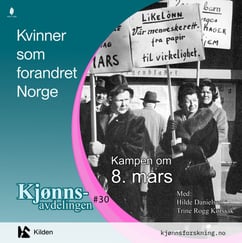 Sort-hvitt fotografi av en demonstrasjon der flere personer holder plakater. En av plakatene har teksten «Likelønn – vår menneskerett, fra papir til virkelighet». Over bildet er det lagt grafikk med teksten «Kvinner som forandret Norge» og «Kampen om 8. mars», samt informasjon om Kilden og kjønnsforskning.no.