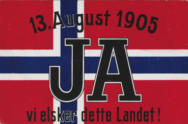 Et grafisk motiv med det norske flagget som bakgrunn og teksten: «13. August 1905», «JA» og «vi elsker dette landet!».