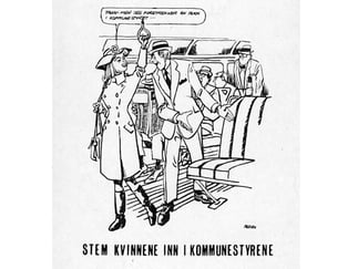 Illustasjon i svart-hvitt av passasjerer på bussen, og en kvinne som står og mann som tilbyr setet til henne, og en snakkeboble hvor hun sier "takk - men jeg foretrekker en plass i kommunestyret"