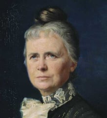 Portrett av en eldre kvinne i mørke klær, malt mot en mørk bakgrunn.