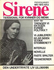 Forside av tidsskriftet Sirene fra 1973 med artikler om kvinnepolitikk og stemmerett.