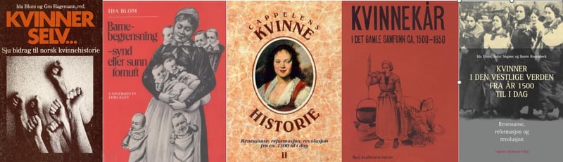 Bildet viser omslagene til flere bøker om kvinnehistorie, kvinners levekår og kvinners rolle i samfunnet gjennom historien.