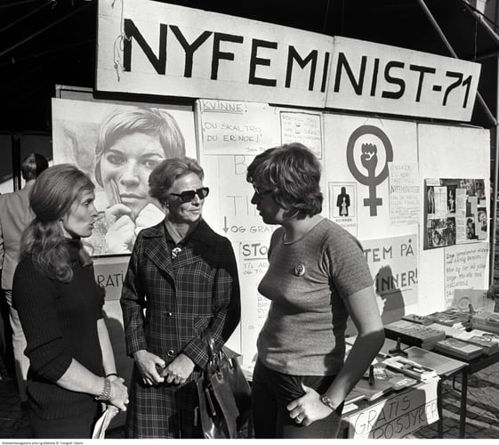 Gruppebilde 3 kvinner foran veggaviser og plakater, inkludert "Nyfeminist -71".