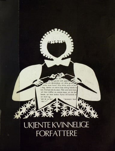 grafisk framstilling (i svart-hvitt) av stilisert kvinne som "strikker" en tekst med fyllepenner.