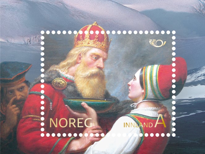 Illustrasjon av skjeggete mann og kvinne med hodeplagg på et frimerke.