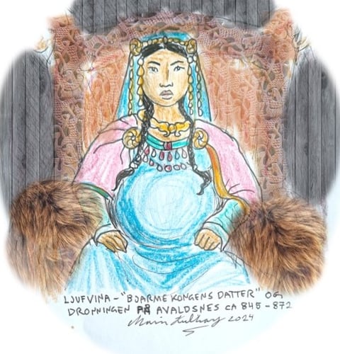 Illustrasjon av en historisk dronningfigur sittende på en utsmykket trone, med teksten «Ljufvina – Bjarmekongens datter» og «Dronningen på Avaldsnes ca. 845–872».