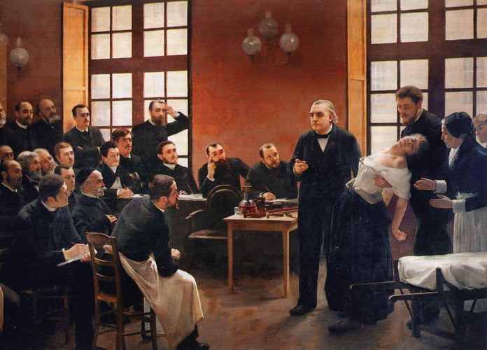 Det moderne hysteriets "far" Jean-Martin Charcot holdt spektakulære forestillinger med hysteriske pasienter i hovedrollen. Her viser han fram sin favoritthysteriker Blanche Wittman. Maleri av André Brouillet : «Une leçon clinique à la Salpêtrière », 1887.