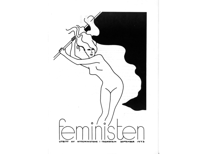Svart-hvitt-tegning naken kvinne med vaiende flagg. Tekst Feministen. Utgitt av Nyfeministene i Trondheim september 1973.
