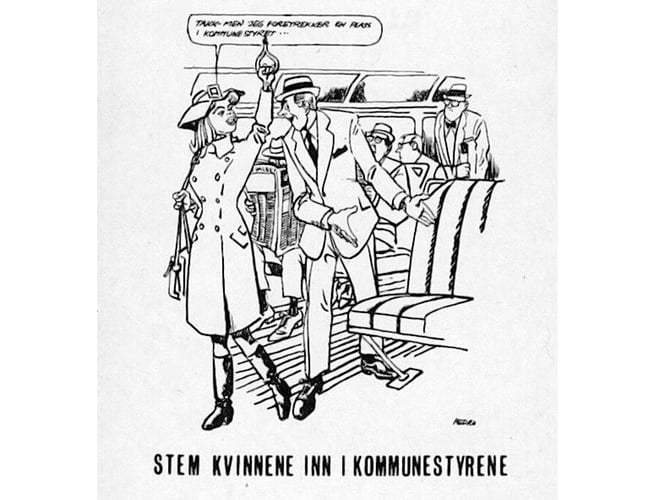Illustasjon i svart-hvitt av passasjerer på bussen, og en kvinne som står og mann som tilbyr setet til henne, og en snakkeboble hvor hun sier "takk - men jeg foretrekker en plass i kommunestyret"