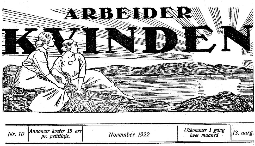 faksimile av Arbeiderkvinden November 1922. Illustrert med tegning av to kvinner på et svaberg skuende mot soloppgangen.
