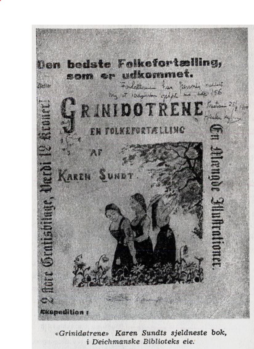 Gammelt slitt bokomslag med tegning av tre unge kvinner med lange kjoler i natur.
