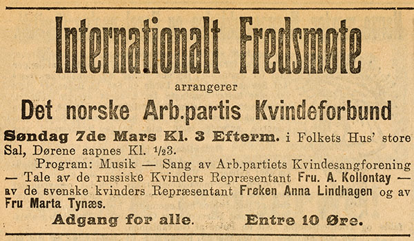 Annonse for "Internationalt Fredsmøte arrangerer Det norske Ar.partis Kvinneforbund"