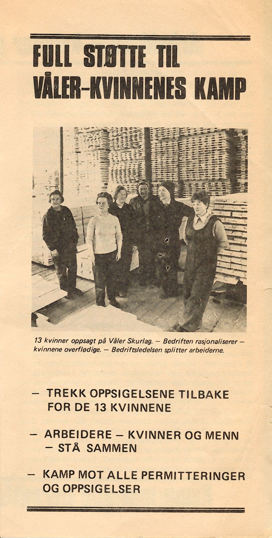 Faksimile av løpseddel til støtte for Våler-kvinnenes kamp i 1975.