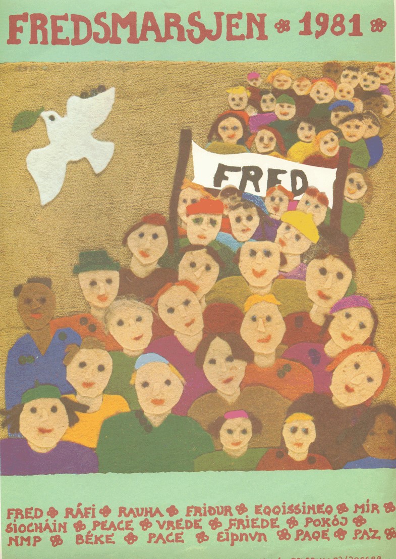Plakat med fargerike illustrasjoner av en fredsmarsj